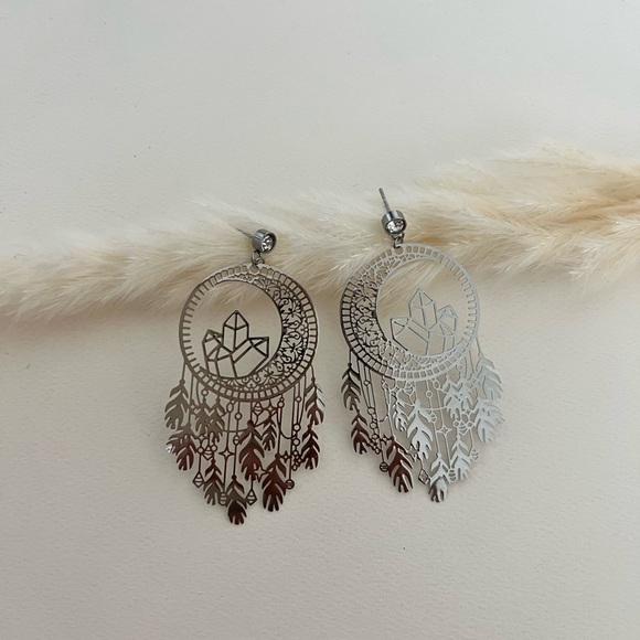 Moon Dream Catcher Silver Dangle Earrings -Silver Witchy Chic Celestial Earrings - Picture 10 of 10